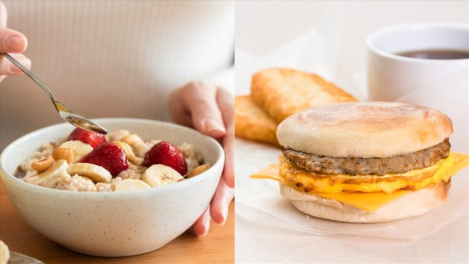 Thói quen ăn uống vào buổi sáng có thể khiến bạn giảm cân hoặc tăng cân. Đồ hoạ: Thiều Phương.