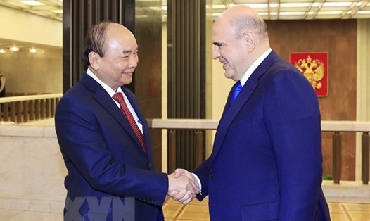 Chủ tịch nước Nguyễn Xuân Phúc hội kiến Thủ tướng Nga Mikhail Mishustin tại Mátxcơva vào ngày 1.12. Ảnh: TTXVN