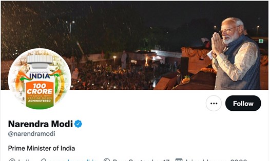 Tài khoản Twitter của Thủ tướng Ấn Độ Narendra Modi. Ảnh chụp màn hình