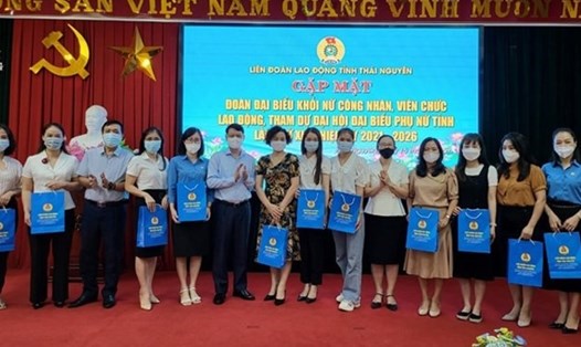 Lãnh đạo LĐLĐ tỉnh Thái Nguyên tặng quà nữ đoàn viên. Ảnh: LĐTN