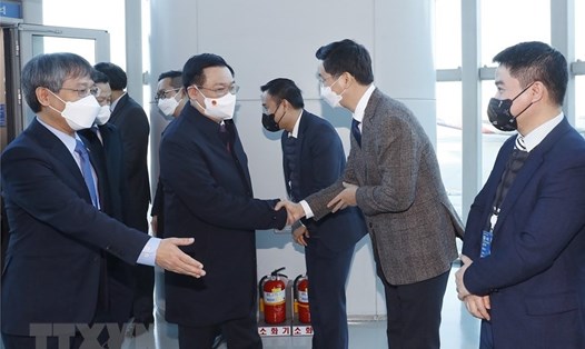 Cán bộ, nhân viên Đại sứ quán Việt Nam tại Hàn Quốc đón Chủ tịch Quốc hội Vương Đình Huệ tại sân bay Incheon, Seoul. Ảnh: TTXVN