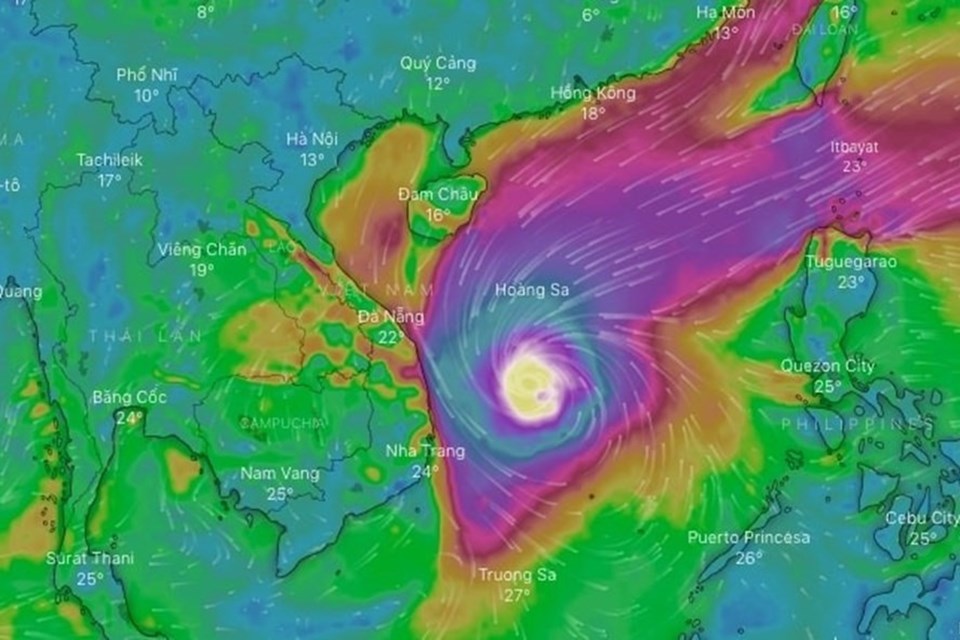 Hình ảnh bão Rai trong ngày 19.12 theo mô hình dự báo WINDY. Ảnh chụp màn hình