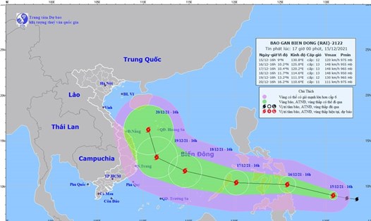 Vị trí và đường đi của bão Rai. Ảnh: Trung tâm Dự báo Khí tượng Thuỷ văn Quốc gia.