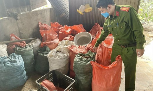 900kg mỡ bò không rõ nguồn gốc, không đảm bảo vệ sinh của hộ anh Phạm Lĩnh ở xã Tân Lâm Hương bị yêu cầu tiêu hủy. Ảnh: CA.