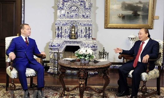Chủ tịch nước Nguyễn Xuân Phúc và Phó Chủ tịch Hội đồng An ninh Nga Dmitry Medvedev. Ảnh: TTXVN