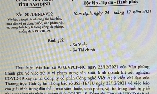 Công văn chỉ đạo mới nhất của UBND tỉnh Nam Định liên quan công tác đấu thầu, mua sắm sinh phẩm, vật tư y tế.