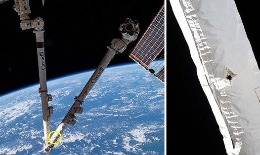 Cánh tay robot của Trạm Vũ trụ Quốc tế bị rác vũ trụ đâm thủng. Ảnh: NASA