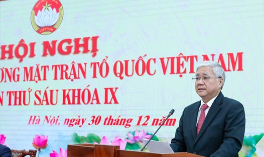Bí thư Trung ương Đảng, Chủ tịch UBTƯ MTTQ Việt Nam Đỗ Văn Chiến phát biểu tại hội nghị. Ảnh: Hải Nguyễn