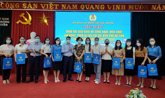 Lãnh đạo LĐLĐ tỉnh Thái Nguyên tặng quà nữ đoàn viên. Ảnh: LĐTN