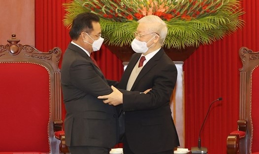 Tổng Bí thư Nguyễn Phú Trọng tiếp Chủ tịch Quốc hội Lào Saysomphone Phomvihane thăm chính thức Việt Nam. Ảnh: TTXVN