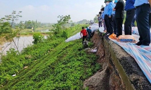 Kiểm tra sự cố thiên tai gây sạt lở đê tại Ứng Hòa, Hà Nội. Ảnh: TT