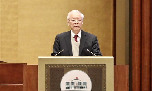 Tổng Bí thư Nguyễn Phú Trọng phát biểu tại Hội nghị cán bộ toàn quốc quán triệt, triển khai Kết luận và Quy định của Trung ương về xây dựng, chỉnh đốn Đảng. Ảnh Nhật Bắc