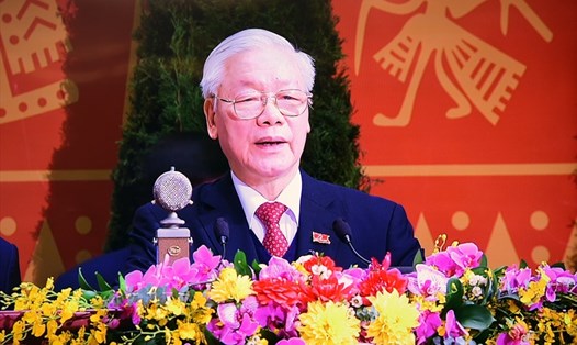 Tổng Bí thư, Chủ tịch nước Nguyễn Phú Trọng phát biểu ra mắt Ban Chấp hành Trung ương khóa XIII. Ảnh Ngọc Thành