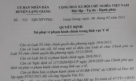 Quyết định xử phạt vi phạm hành chính trong lĩnh vực y tế của Chủ tịch UBND huyện Lạng Giang (Bắc Giang). Ảnh: Báo Bắc Giang