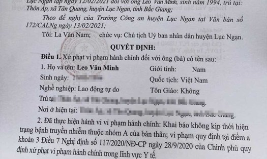Quyết định xử phạt đối với anh Leo Văn Minh. Ảnh: PV.