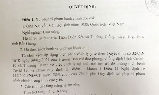 Quyết định xử phạt vi phạm hành chính của UBND huyện Hiệp Hoà (Bắc Giang) đối với gia đình ông Nguyễn Văn Hộ. Ảnh: Báo Bắc Giang