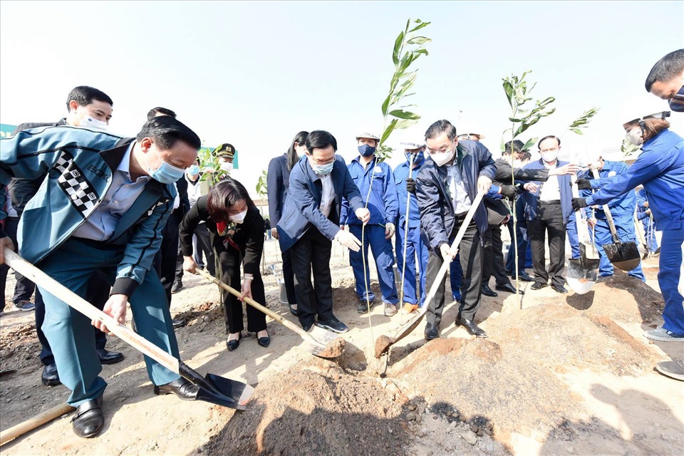 Lãnh đạo thành phố Hà Nội cùng thực hiện việc trồng cây. Ảnh TC