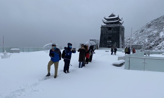 Du khách Việt thích thú khi được vui chơi và chiêm ngưỡng tuyết phủ trắng xoá trên đỉnh Fansipan Sa Pa vào dịp Tết Nguyên đán. Ảnh: T.Đ