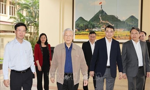 Tổng Bí thư, Chủ tịch Nước Nguyễn Phú Trọng và các đại biểu đến dự Hội nghị. Ảnh: Trí Dũng/TTXVN