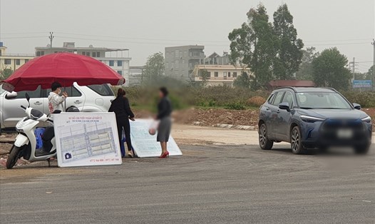 "Cò" đất tràn ra đường, mời chào đầu tư bất động sản ở xã Nội Hoàng (Yên Dũng, Bắc Giang). Ảnh: Trần Tuấn