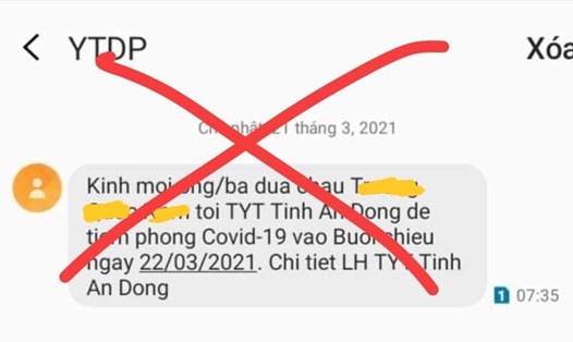 Tin nhắn giả về việc thông báo người dân ở Quảng Ngãi đi tiêm vaccine phòng COVID-19. Ảnh: Chụp màn hình