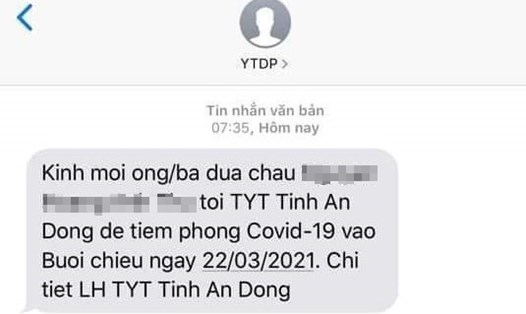 Tin nhắn thông báo đến người dân ở Quảng Ngãi về việc tiêm vaccine phòng COVID-19. Ảnh: Chụp màn hình