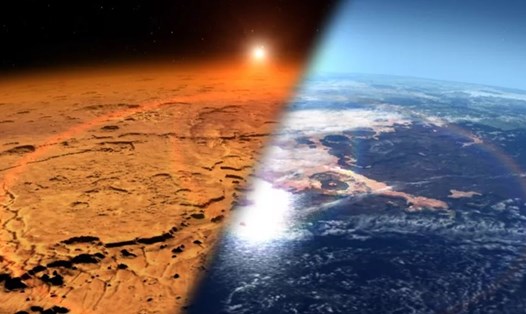 Hình minh họa về môi trường của sao Hỏa từ xa xưa (phải) khi hành tinh đỏ có nước ở dạng lỏng và bầu khí quyển dày hơn và môi trường sao Hỏa khô lạnh ngày nay. Ảnh: Trung tâm Chuyến bay Vũ trụ Goddard của NASA.