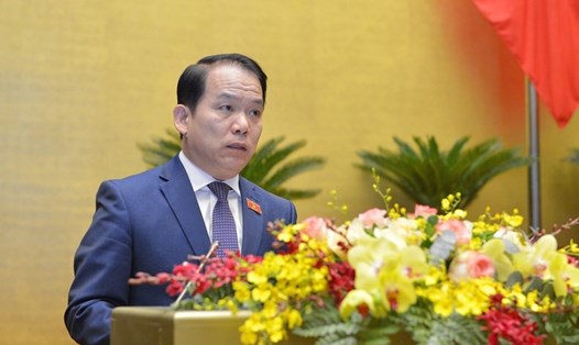 Chủ nhiệm Ủy ban Pháp luật của Quốc hội Hoàng Thanh Tùng trình bày Báo cáo thẩm tra Báo cáo tổng kết công tác nhiệm kỳ 2016-2021 của Chính phủ. Ảnh: QH