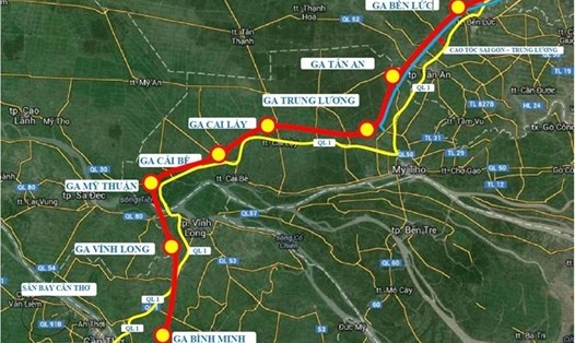 Sơ đồ hướng tuyến đường sắt cao tốc TPHCM - Cần Thơ (màu đỏ) dài trên 173 km. Ảnh: Viện Khoa học công nghệ Phương Nam
