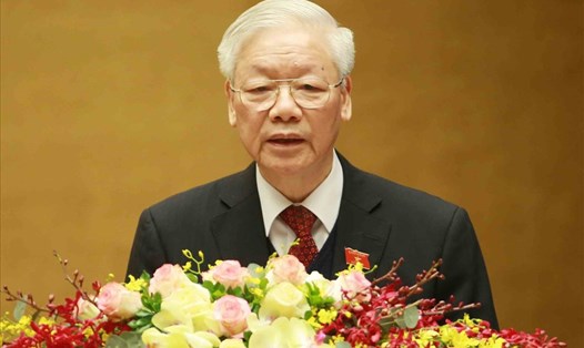 Tổng Bí thư, Chủ tịch Nước Nguyễn Phú Trọng
trình bày báo cáo công tác nhiệm kỳ 2016 - 2021 của Chủ tịch Nước tại kỳ họp thứ 11, Quốc hội khoá XIV sáng 24.3. Ảnh: TTXVN