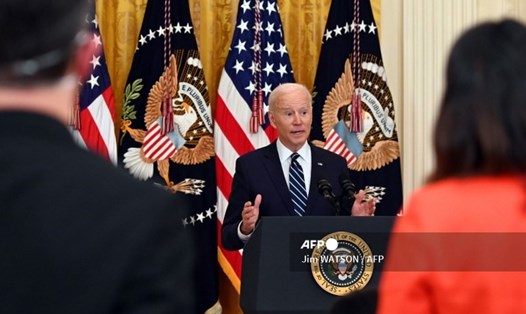 Tổng thống Mỹ Joe Biden trong buổi họp báo chính thức đầu tiên tại Nhà Trắng ngày 25.3. Ảnh: AFP