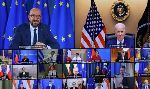 Cuộc gặp cấp cao trực tuyến Mỹ - EU ngày 26.3. Nguồn: Hội đồng Châu Âu
