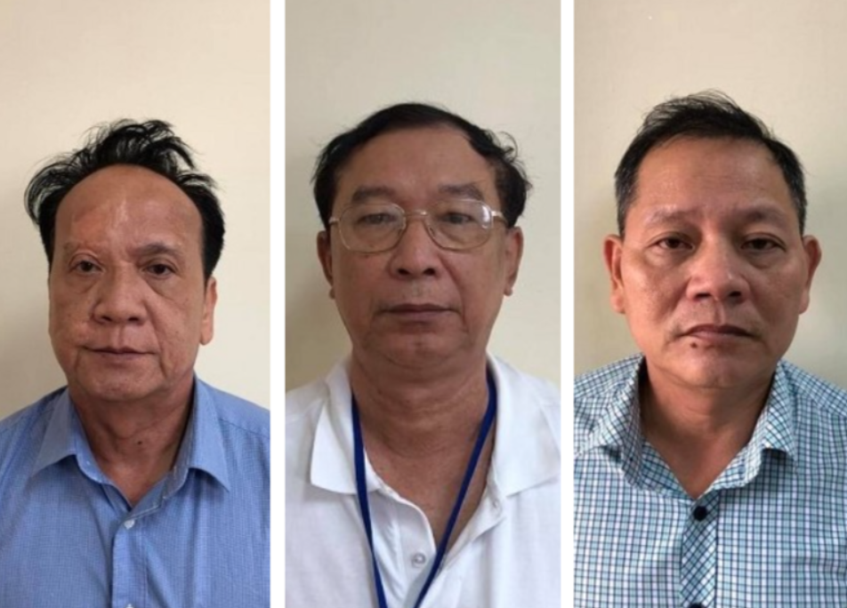 Từ trái sang phải là bị can Lê Văn Trang, Võ Thanh Bình và Nguyễn Thái Thanh. Ảnh: Bộ Công an cung cấp