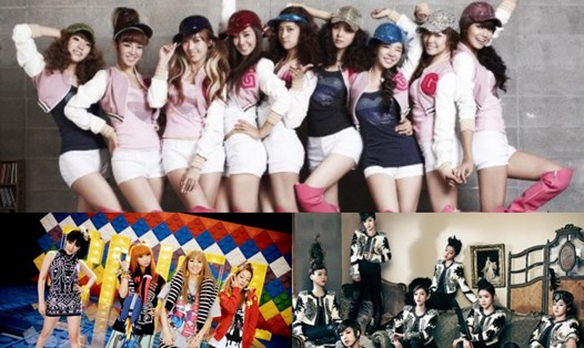 SNSD, 2NE1, T-ara là nhóm nữ nổi tiếng thập niên 2010. Ảnh poster.