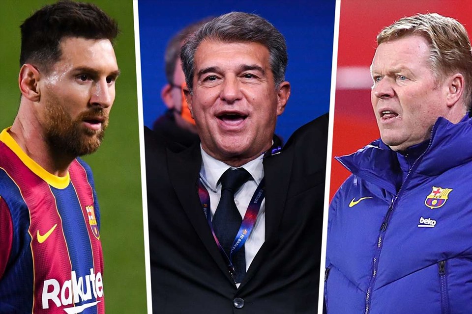 Khi Lionel Messi và Ronald Koeman trái quan điểm, Chủ tịch Joan Laporta sẽ giải quyết ra sao? Ảnh: Goal