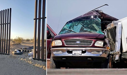 Hàng rào biên giới Mỹ-Mexico ở California bị phá hỏng (ảnh trái) và chiếc SUV Ford Expedition trong vụ tai nạn khiến 13 người tử vong. Ảnh: Lực lượng tuần tra biên giới Mỹ