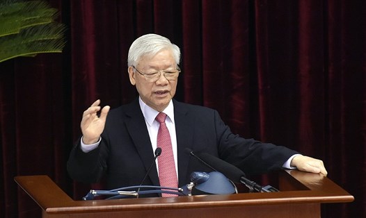 Tổng Bí thư, Chủ tịch Nước Nguyễn Phú Trọng phát biểu tại Hội nghị Trung ương 2, khoá XIII. Ảnh: Nhật Bắc.