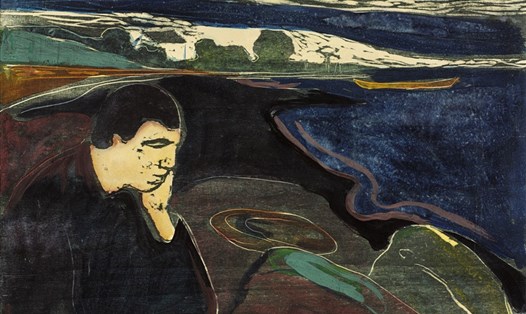 (Tối) sầu muộn (Melancholy [Evening]), 1896, EDVARD MUNCH. Các bức tranh khắc gỗ của nghệ sĩ Na Uy mạnh mẽ như các bức tranh sơn dầu của ông và đã ảnh hưởng đến các nghệ sĩ Biểu hiện sau này. Ví dụ này là một bức phong cảnh Biểu tượng điển hình, các hình thù rời rạc và màu sắc đối chọi của bãi biển lẫn mặt biển nói về sự xao động tinh thần trong nội tâm của đối tượng trong bức hình. Ảnh: Omega Plus cung cấp.