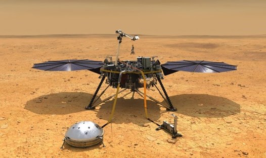 Hình minh họa tàu vũ trụ InSight của NASA và các thiết bị từ sứ mệnh được triển khai trên bề mặt sao Hỏa. Ảnh: NASA.