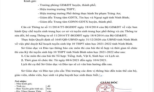 Kỳ thi tuyển sinh vào lớp 10 THPT năm học 2021-2022 trên địa bàn tỉnh Ninh Bình sẽ diễn ra từ ngày 8 - 10.6. Ảnh: NT