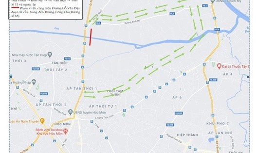 Lộ trình lưu thông thay thế cho xe ôtô hướng từ Quang Trung đến Tỉnh Lộ 15 (và ngược lại) sau khi cấm xe ôtô trên đường Đỗ Văn Dậy - Sở GTVT cung cấp.