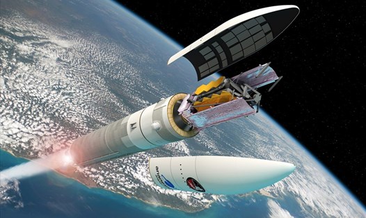 Ảnh minh hoạ kính viễn vọng James Webb của NASA trên bệ phóng Ariane 5. Ảnh: Cơ quan Vũ trụ Châu Âu ESA