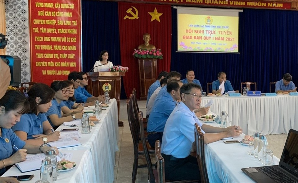 Hội nghị giao ban quý I/2021 của LĐLĐ tỉnh Bình Phước. Ảnh: LĐLĐ BP