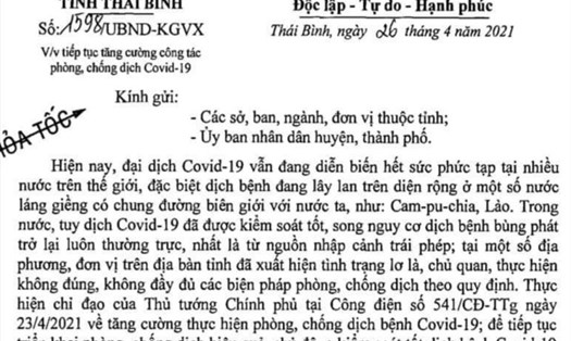 Công văn số 1598/UBND-KGVX của UBND tỉnh Thái Bình.