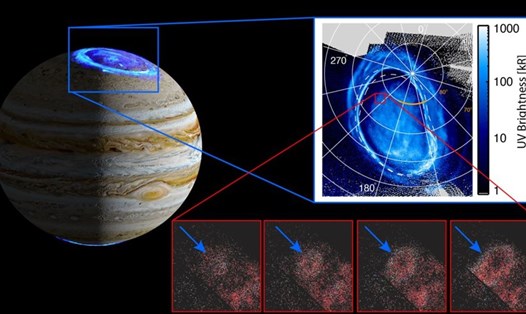 Dữ liệu từ tàu vũ trụ Juno của NASA cho thấy các đặc điểm cực quang mờ có thể do các hạt tích điện từ rìa của từ quyển khổng lồ của sao Mộc kích hoạt. Ảnh: NASA.