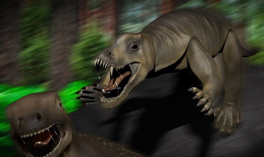 Tái hiện cảnh quái vật tiền sử Anteosaurus tấn công một con Moschognathus ăn cỏ. Ảnh: Alex Bernardini.