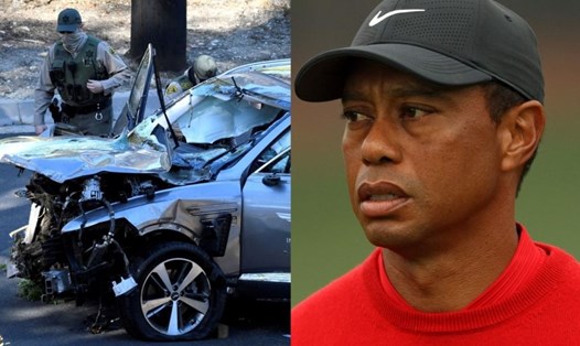 Cảnh sát kiểm tra xe của Woods (ảnh trái) sau một vụ va chạm khiến tay golf Tiger Woods (ảnh phải) bị thương nặng ở chân. Ảnh: AFP