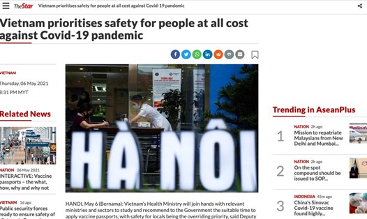 Bài viết trên tờ The Star của Malaysia: "Việt Nam ưu tiên an toàn cho người dân bằng mọi giá trong đại dịch COVID-19". Ảnh chụp màn hình