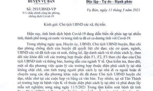 Văn bản của Chủ tịch UBND huyện Vụ Bản (tỉnh Nam Định) - Nguyễn Khắc Xung về việc chấn chỉnh công tác phòng, chống dịch COVID-19 trên địa bàn.