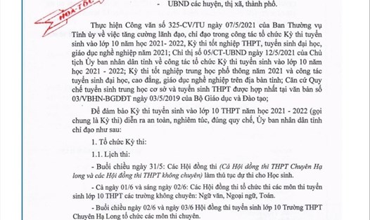 Thông báo của UBND Quảng Ninh về kỳ thi tuyển sinh lớp 10 năm học 2021-2022